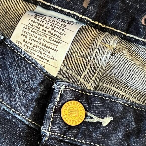 Carhartt Womens Capri Jeans Curvy Fit Dark Stonewashed Blue Leather Patch Cuffed - Picture 3 of 16
